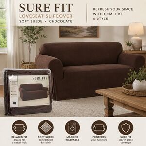 Sure Fit Chocolate Brown Suede Loveseat Slipcover Stretch Furniture Cover NWT